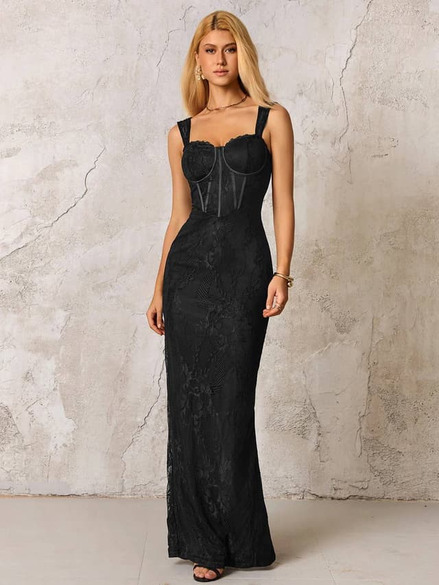 Jacquard Zipper Split Back Lace Bodycon Dress - Black